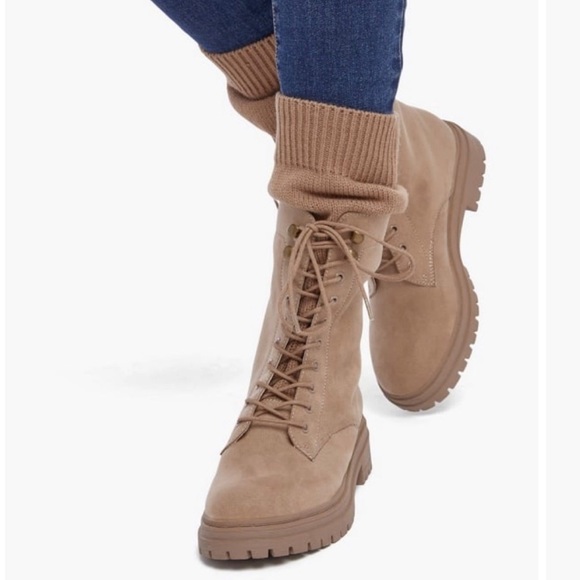 Portobello Khaki Tan Lace-Up Boots with Sock Top - Picture 2 of 5